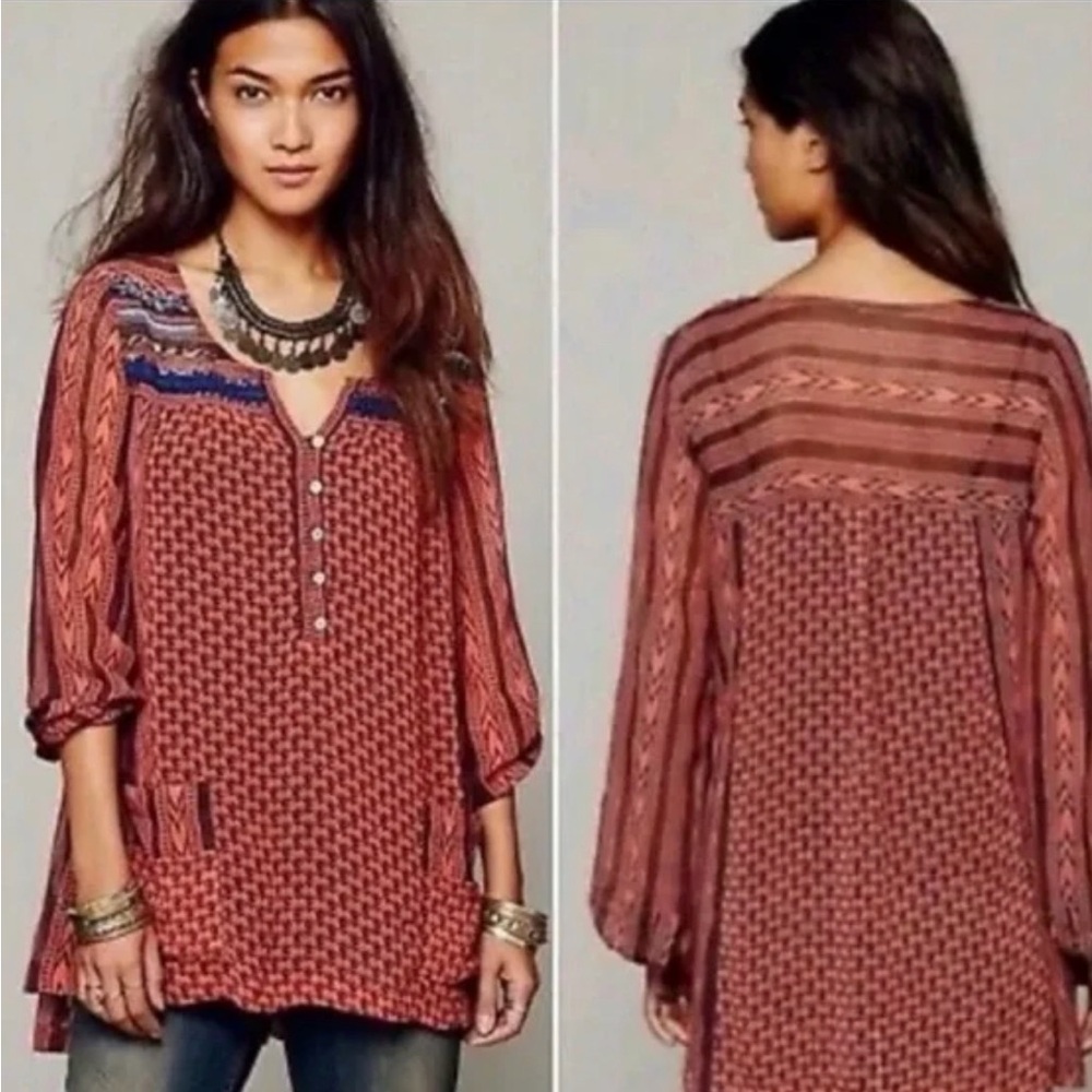Free people Bohemian Orange Patterned Women's Blouse
